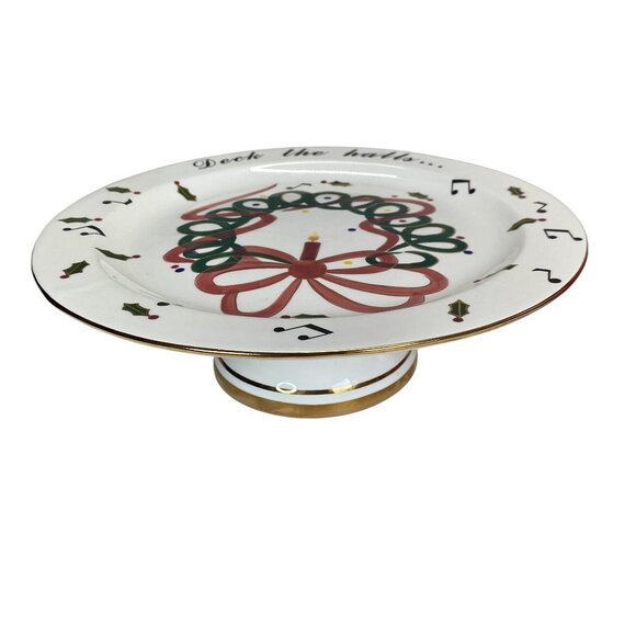 Cracker Barrel Deck The Halls Ceramic Cake Stand Hand Painted - Picture 7 of 7